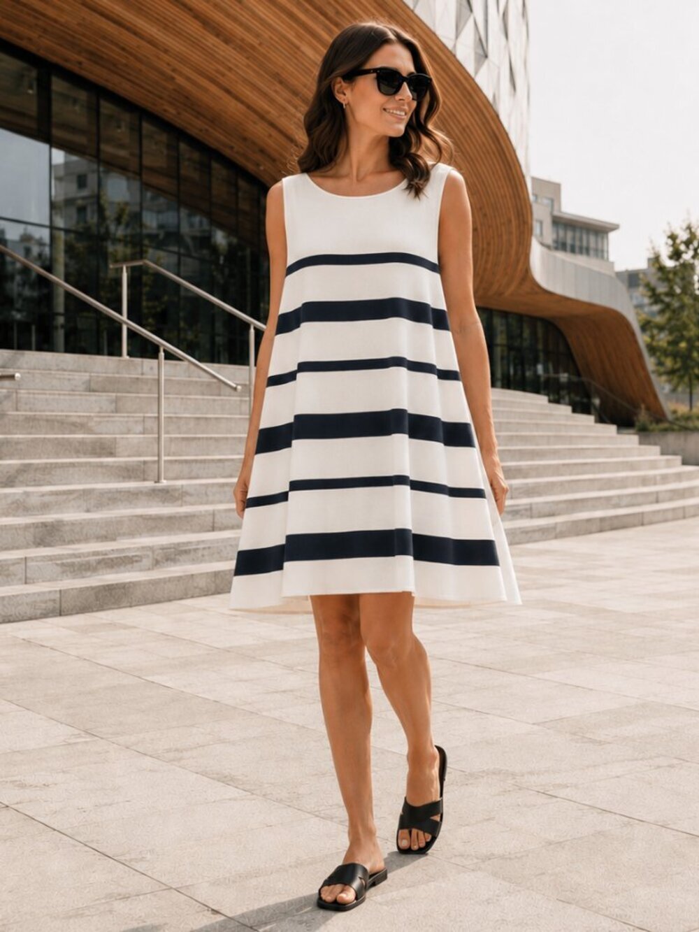 COS Knitted Mini Dress Monochrome Fine Knit Stripe Swing Dress Medium NWT New